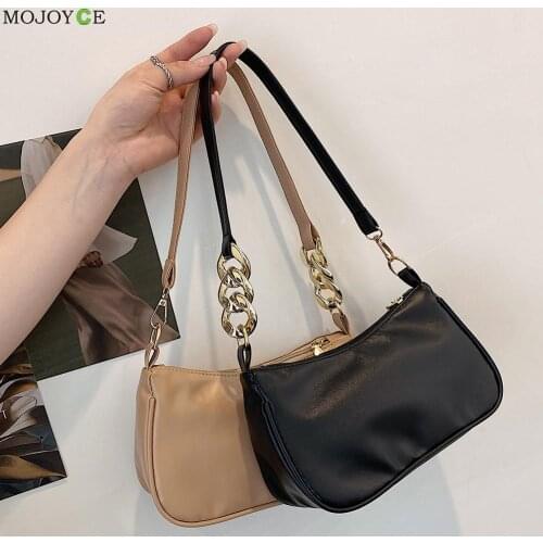 Women PU Solid Color Bag Shoulder Underarm Vintage Thick Chain Handbags Purse New Arrival Female Casual Messenger Shoulder Bags