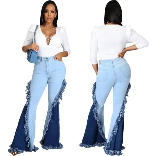 Streetwear Patchwork Jeans Women Tassel Flare Jeans Fashion High Waist Bell Bottom Jeans y2k Jeans Sexy Wide Leg Pants
