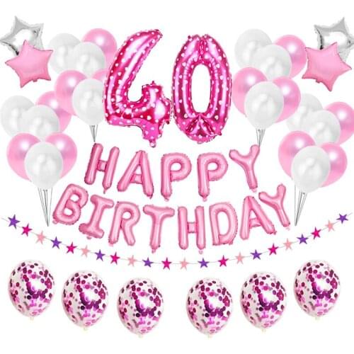 38pcs Pink Number 40 Foil Balloons Happy Birthday Party Decoration 40 Years Old 40th Forty Woman Man Supplies Rose Gold Black
