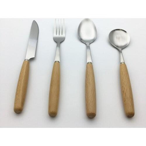 Japanese Dinner Scoop Natual Wood Handle Fork Stainless Steel Tableware Restaurant Serving Dinnerware Set Knife Cutlery 1set