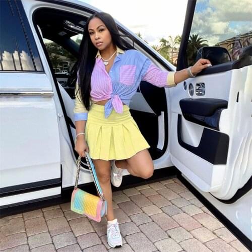 Thorn Tree Sexy Striped Patchwork 2 Piece Long Sleeve Buttons Up Blouse Tops High Waist Pleated Skirts Women Summer Club Outfits