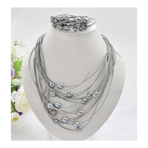 Woman Pearl Jewelry Set Chirstmas Gift 15row 13mm Big Black Rice Real Pearl Gray Leather Necklace Bracelet Magnet Clasp