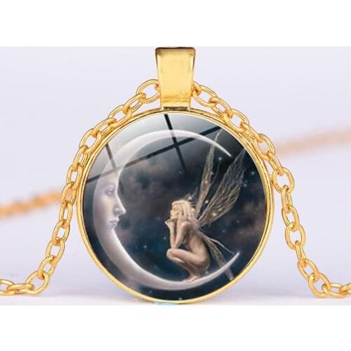 Girl Women Fairy On Moon Photo Cabochon Glass Pendant Necklace Sweater Chain Necklace Jewelry TT@88