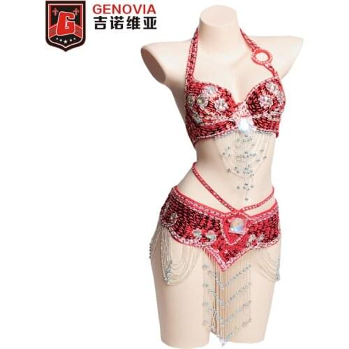 Women Beaded Belly Dance Costume 2pc Bra Belt Set Performance Dancewear Sexy Ladies Dancing Outfit Hip Scarf Bollywood Clothes
