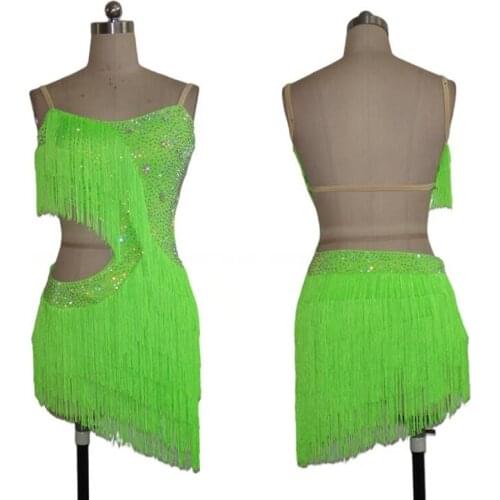 Shining Rhinestone Latin Dance Dress For Women Sexy Open Back Festive Tassel Skirt Female Adult Samba Latin Competition Dresses