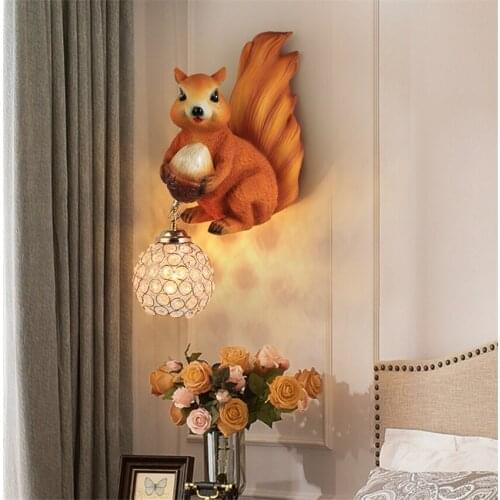 American Living Room Bedroom Animal Wall Lamps Childrens Room Bedside Cute Squirrel Wall Lights Owl Staircase Aisle Porch Decor