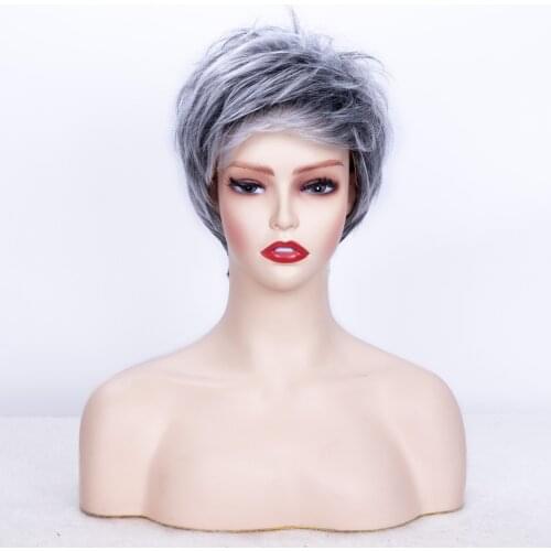 Amir Short Synthetic Wigs With Side Bangs Grey Mix Black Color High Temperature Fiber Wigs For Black/White Women