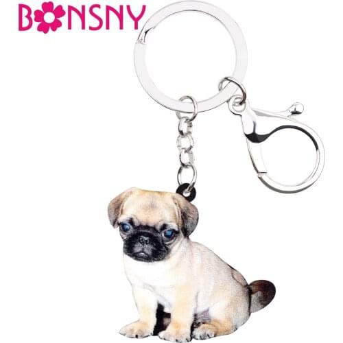 Bonsny Acrylic Pug Dog Key Chains Keychains Rings Cartoon Fashion Animal Jewelry For Women Girls Gift Bag Car Charms Pendant Hot