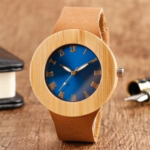 Chic Blue/Green Round Dial Bamboo Wood Womens Watches Quartz Brown Genuine Leather Wooden Clock for Female