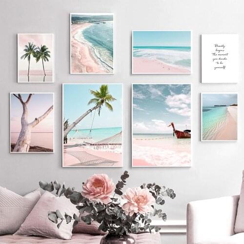 Ocean Landscape Art Posters Beach Poster Palm Tree Canvas Painting Hammock Prints Scandinavian Wall Pictures Living Room Decor