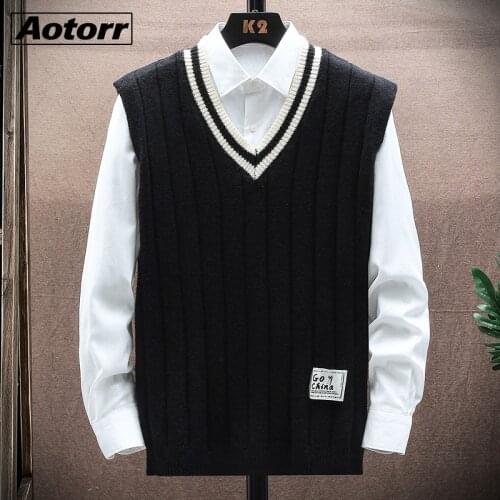 Mens Autumn Winter Sleeveless Sweater Vest Men Fashion V-neck Waistcoat Jacket Knitwear Casual Patchwork High Quality mens Vest