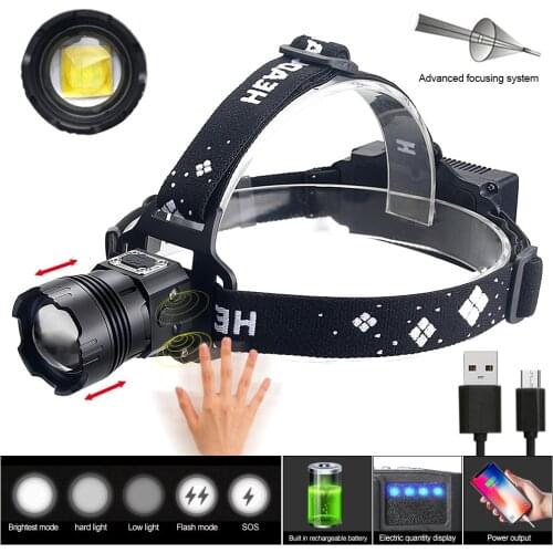 XHP99 Strong Light Sensor Headlight USB Charging Adjustable Focus Camping Headlight Fishing Light Telescopic Zoom Powerful Lamp