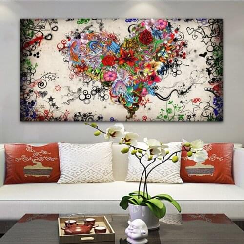 Canvas Colorful Heart Flowers Poster Abstract Oil Painting Wall Art for Living Room Decoration Pictures for Home Cuadros