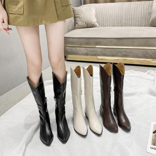 For Boots 2020 autumn and winter new pointed thick heel retro side zipper knight boots but knee leather boots