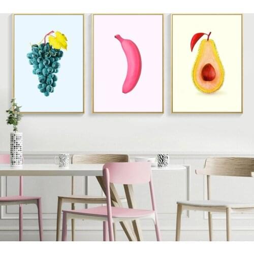 Nordic Creativity Fruit Living Room Colorful Fruit Pink Banana Green Leaf Pineapple Canvas Painting Wall Picture Poster Decor