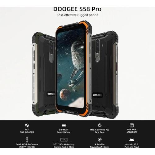 DOOGEE S58 Pro Mobile Phone 5180mAh 5.71"FHD+Display 6GB+64GB Android 10 NFC Smartphone IP68/IP69K Waterproof Cellphone