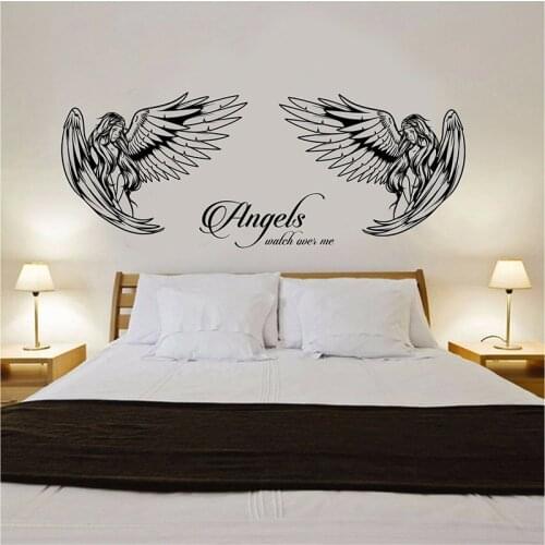 Modern Angel Angels Watch Over Me Wing Wall Sticker Bedroom Living Room Cartoon Angel Wing Family Love Quote Wedding Wall Decal