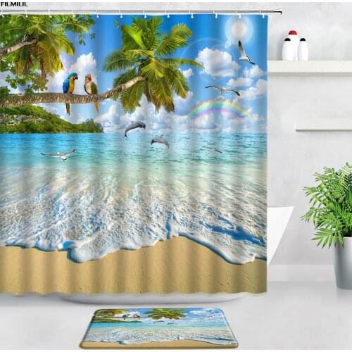 Waterproof Shower Curtains Beach Tropical Plants Palm Trees Ocean Scenery Parrot Bath Mats Set Bathroom Non-slip Carpet Door Pad