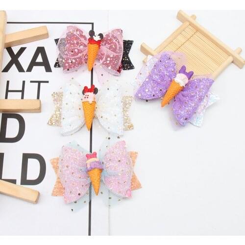 3" Princess Sparkly Hair Clip for Girls Handmade Glitter Net Yarn Hair Bows with Ice Cream Baby Kids Hairpins Hair Accessories