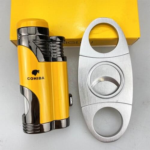 COHIBA Cigar Lighter 2 Torch Jet Flame Refillable Lighter with Cigar Punch Smoking Tool Accessories Portable Gift