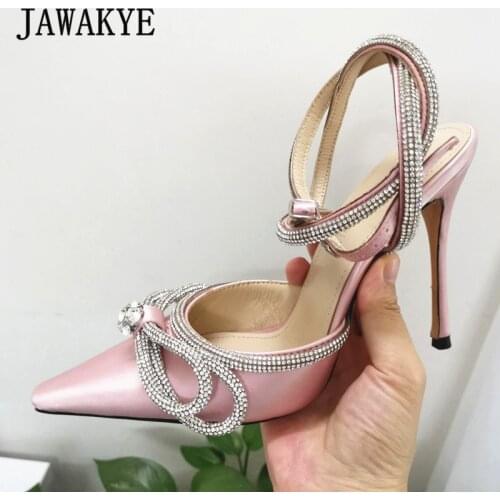 Pink Satin Stilettos Women Sandals Rhinestone Bowknot Ankle Strap Party Banquet Thin High Heel Shoes Sexy Slingback Pumps Woman