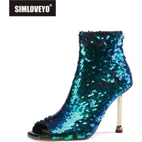 SIMLOVEYO 2021 Glitter Cool Mid Calf Womens Boots Sequined Cloth Open Toe Zip 9.5CM High Strange Stiletto Heel Size 33-43 A4179