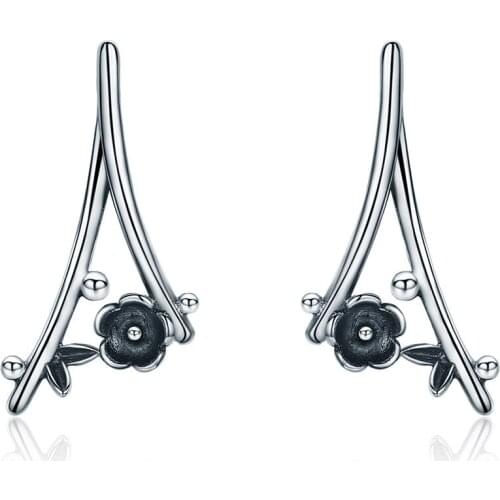 New 925 Sterling Silver Chic Rose in Throns Flower Floral Vintage Stud Earrings for Women Wedding Gift Fine Jewelry E055