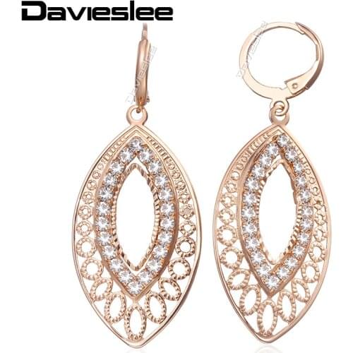 Davieslee Womens Dangling Earrings CZ 585 Rose Gold Cut Out Leaf Shaped Drop Earrings For Woman Wholesale Jewelry Gifts LGE196