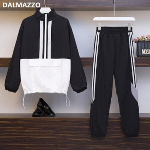 Womens tracksuit Stand Collar Loose Jacket Coat + Pants 2 Pieces Set 2020 Newest Autumn Runway Casual Sportswear Suits 3XL 4XL