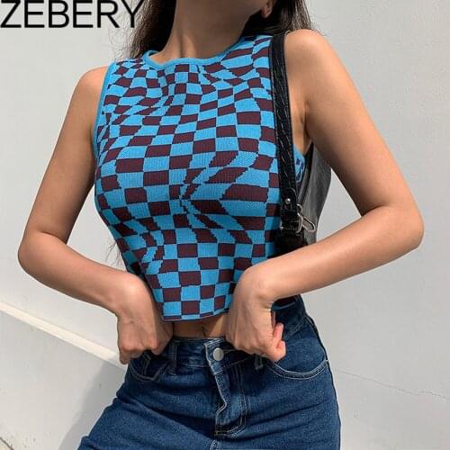 ZEBERY Summer Knit Crop Top Women Sleeveless Y2K Tank Top Basic T Shirts Casual Checker Plaid Vest Streetwear Tank Top Vintage