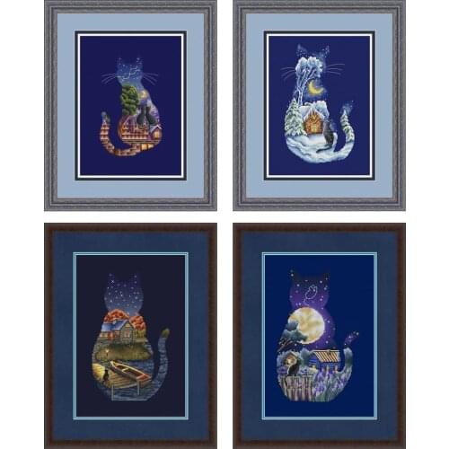 Gold Collection Lovely Counted Cross Stitch Kit Cat Kitty Spring Summer Autumn Winter Season Romantic Night Cat