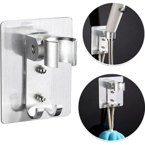 Aluminum Shower Holder Metal Adjustable Self-adhesive Suction Up Wall Mounted Bathroom Shower Head Mounting Brackets with Hooks
