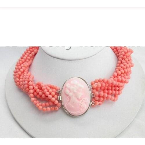Free shipping AAA 10Stds 100% natural pink coral necklace cameo clasp