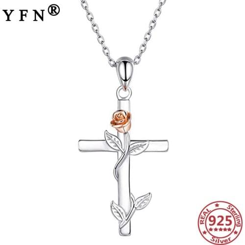 YFN 925 Sterling Silver Cross Rose Necklaces Pendant Silver 925 Necklace Chain Women 925 Valentines Day Gift Mothers Day Gifts