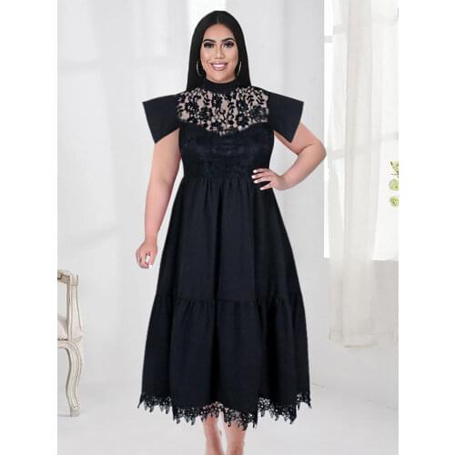 Black Dresses Plus Size Sexy See Through Lace Patchwork Sleeveless Cocktail Evening Party A Line Midi Pleated Dress Summer 2021