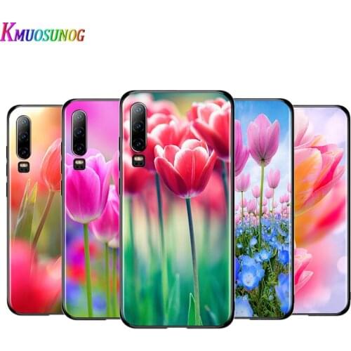 Tulip flower Black Cover For Huawei P40 P30 P20 P10 P9 P8 Lite E 5G 2017 2019 Pro Plus Phone Case