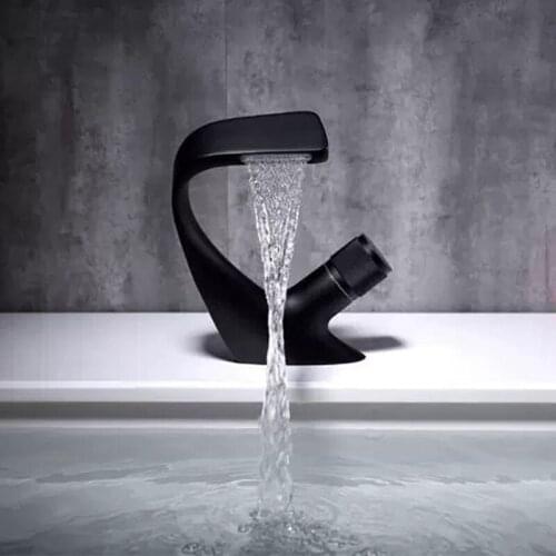 Black Faucet Bathroom Sink Faucets Hot Cold Water Mixer Crane Deck Mounted Single Hole Bath Tap Chrome Finished