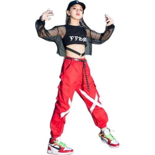 Hip-Hop Kids Street Dance Clothes Fashion Jazz Show Costume Red Pants Girls Black Vest Tops Hiphop Practice Stage Outfits
