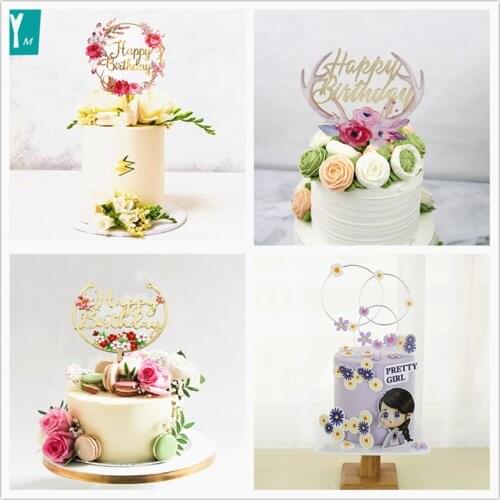 INS 3D color flower Happy Birthday Cake Topper High-grade acrylic birthday party Cupcake topper supplies cake Dessert decoration