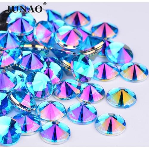 JUNAO 4 5 6 10mm Blue AB Flatback Rhinestone Round Rivoli Crystal Strass Acrylic Stones Sticker for DIY Face Nail Decoration