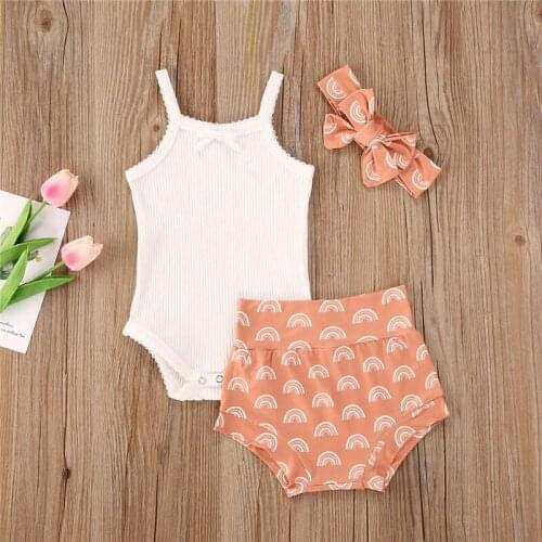 0-18M Newborn Infant Baby Girls Boys Clothes Sets 3pcs Rainbow Print Sleeveless Romper+Shorts Headband Outfit Summer