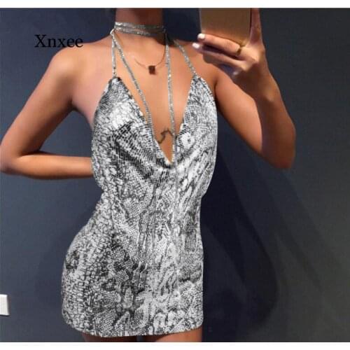 Summer Sexy Sequins Metal Slip Chain Mini Dress Bodycon Women Bling Diamond Beach Sequin Night Vestidos Club Party Ladies Dresse