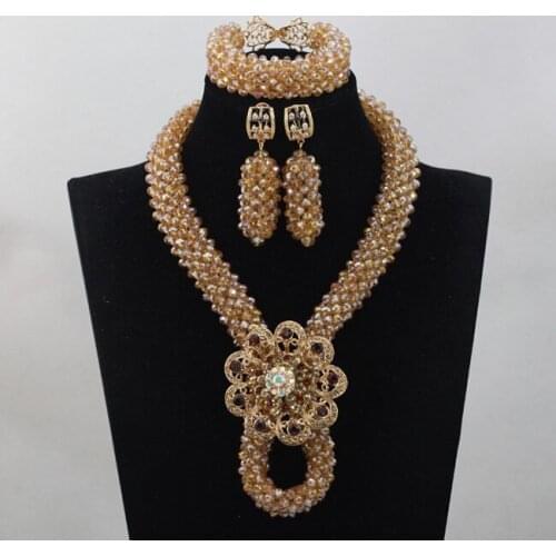 Trendy Design African Crystal Handmade Jewelry Sets Champagne Jewelry Beads Set Bridal Wedding Jewelry Set Free Shipping ANJ086