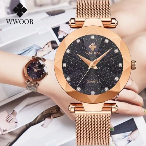 2020 WWOOR New Fashion Starry Sky Women Watches Luxury Brand Diamond Quartz Rose Gold Watch Women Casual Wrist Watch Women Clock