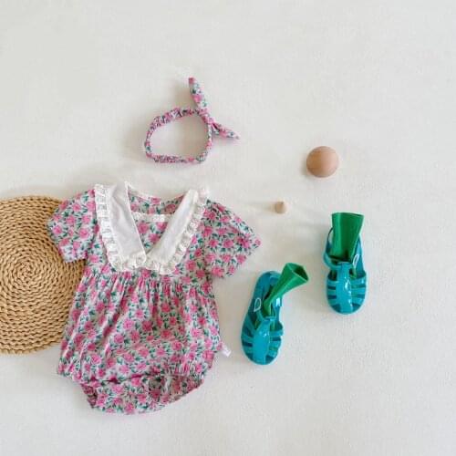 Summer New Purple Floral Baby Girl Bodysuit Fashion Baby Girls V-collar Princess Clothes Newborn Toddler Jumpsuit Outfit