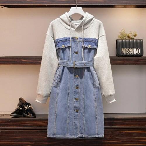 Plus Size Dress Women Hoodies 2020 New Fashion Long Sleeve Cotton Sweatshirt Patchwork Single-breasted Denim Dresses S-4XL