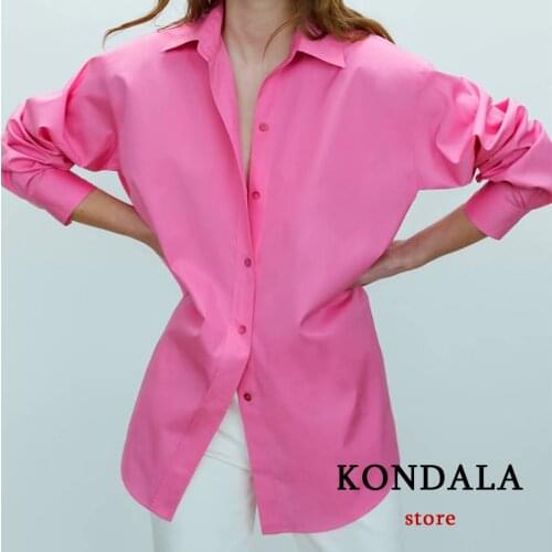 KONDALA Za 2021 Streetwear Chic Pink Oversized Long Shirts Women 100% Cotton Side Split Button Blouses Stylish Casual Mujer Top