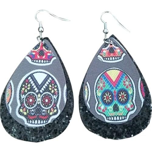 Stock Halloween Sugar Skull Double Layer Faux Leather Tear Drop Earrings Glitter Day of the Dead Earrings