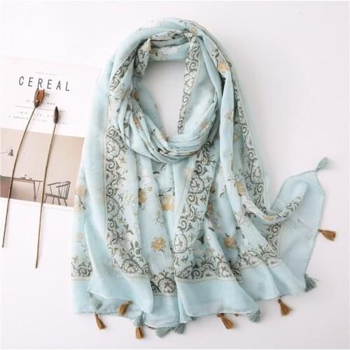 Spring Antumn 2020 Ladies Floral Print Tassel Viscose Shawl Scarf Light Blue Beach Scarf Muslim Hijab Scarf