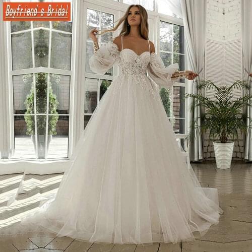 Princess Wedding Dresses Spaghetti Straps Puffy Sweetheart Appliques Lace Off the Shoulder Long Puff Sleeves Bridal Gowns 2021